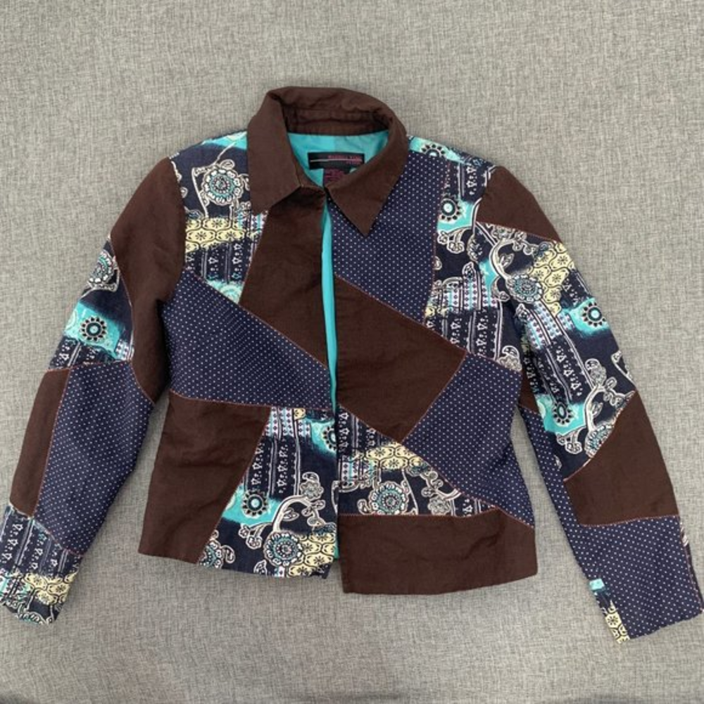 Russell Kemp Linen Open Jacket Collared Brown Blue Long Sleeve 2 Petite